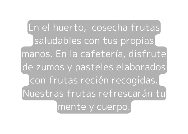 En el huerto cosecha frutas saludables con tus propias manos En la cafetería disfrute de zumos y pasteles elaborados con frutas recién recogidas Nuestras frutas refrescarán tu mente y cuerpo